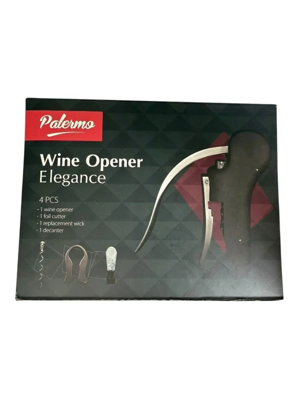 Palermo Wine Opener Elegance 4 Piece Set Opener Cutter Wick Decanter P21 02
